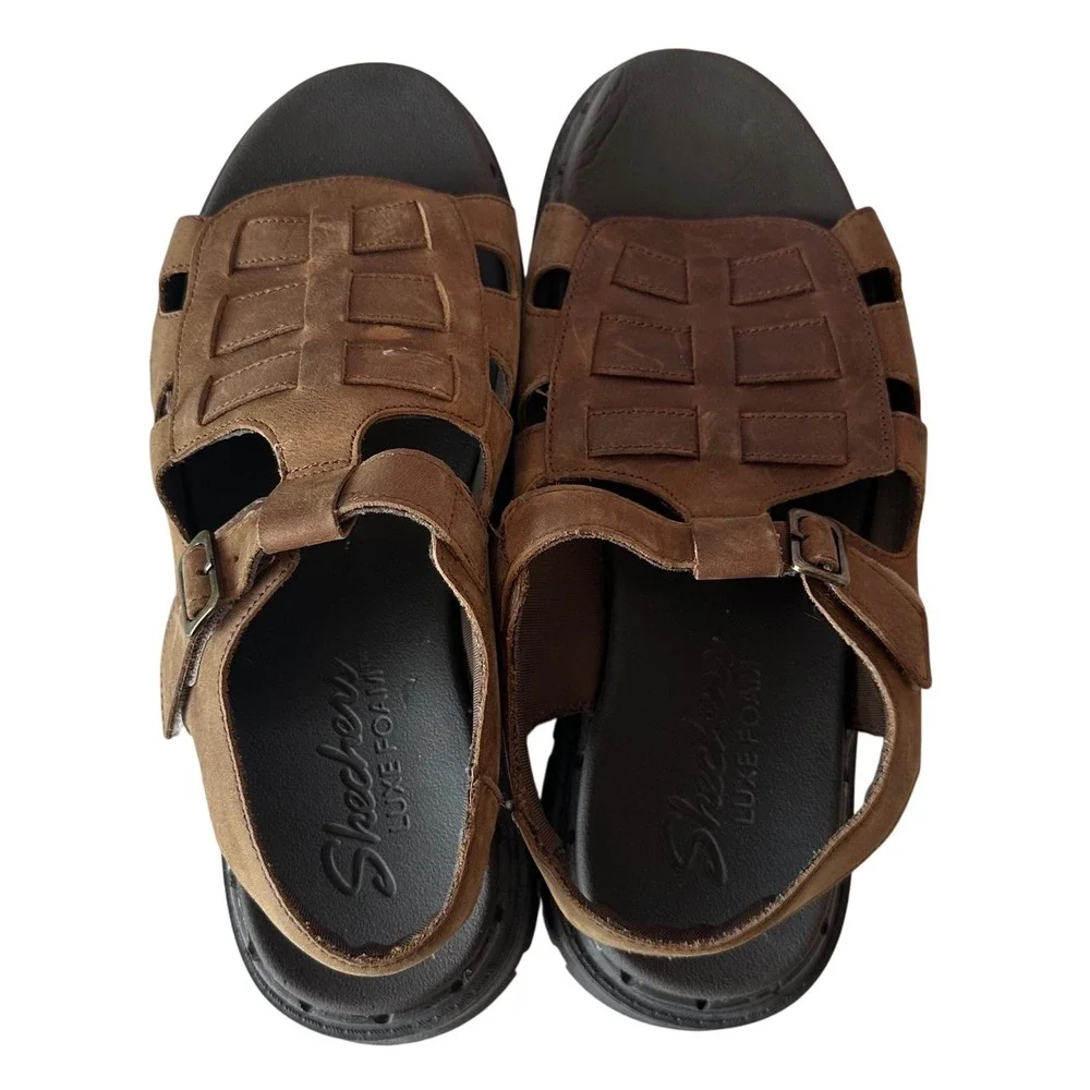Skechers Fisherman Mens Buckle Leather Sandals Size 10 Brown Chunky Open Toe Y2K